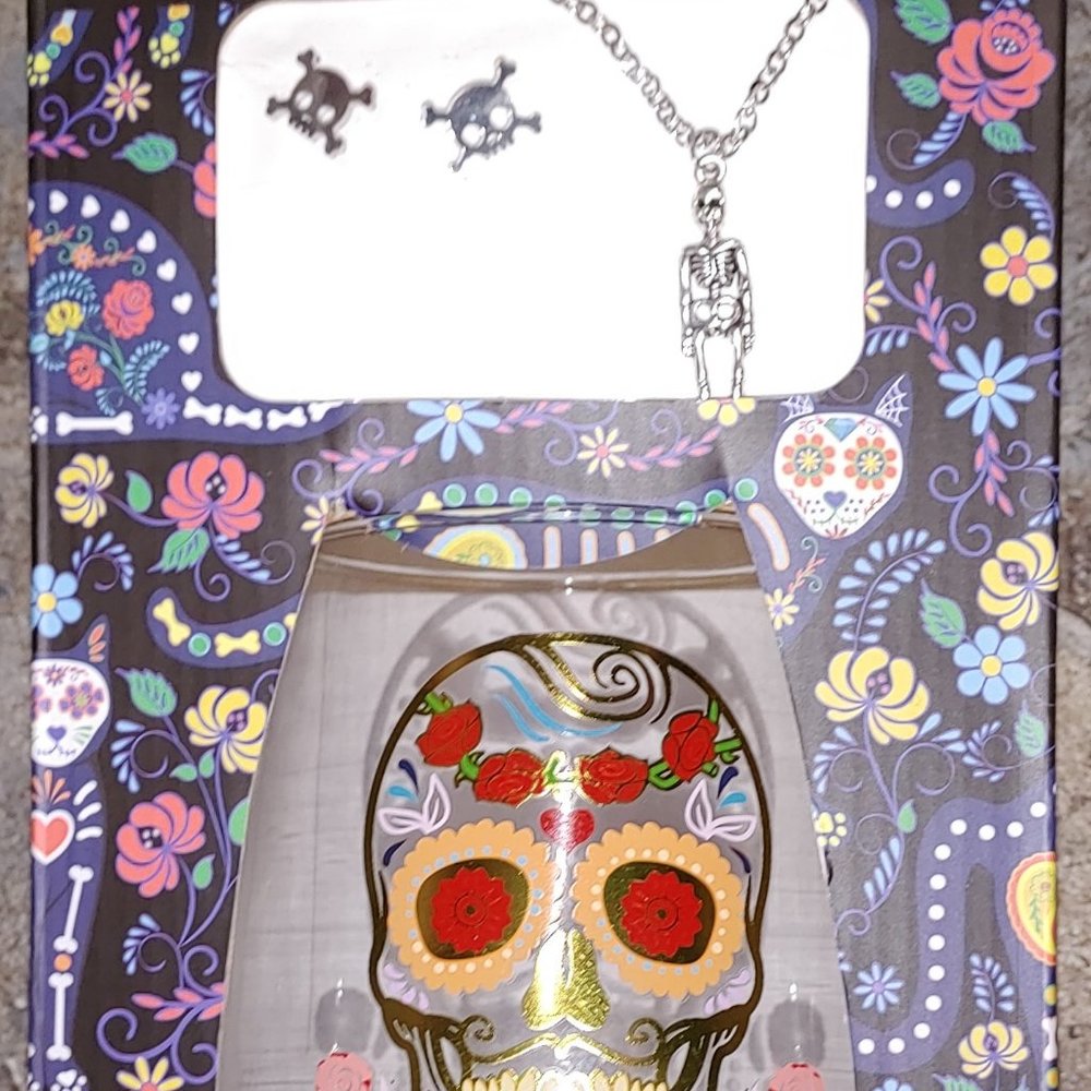 Dia de Los Muertos Wine glass, earrings and necklace set